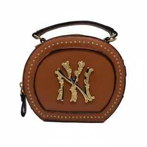 NY Logo Round Handbag Brown Cognac Gold Floral Accent Purse